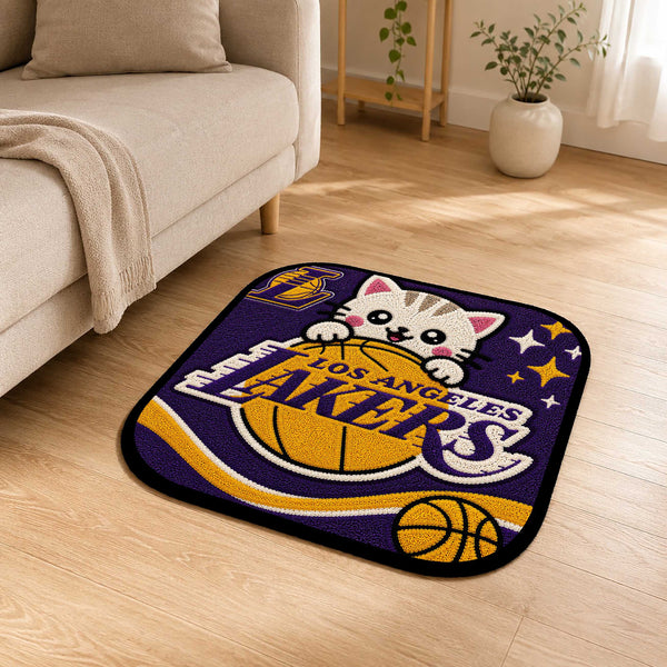 Cute Los Angeles Lakers Cat Flat Rug | Basketball Fan Flat Rug | Kawaii Sports Floor Mat for Bedroom, Gaming Room & Basketball Decor