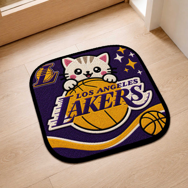 Cute Los Angeles Lakers Cat Flat Rug | Basketball Fan Flat Rug | Kawaii Sports Floor Mat for Bedroom, Gaming Room & Basketball Decor