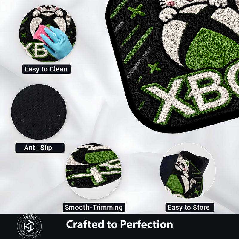 Cute Xbox Cat Flat Rug | Kawaii Gaming Flat Rug | Xbox Controller Inspired Floor Mat for Bedroom, Gaming Room & Gamer Decor