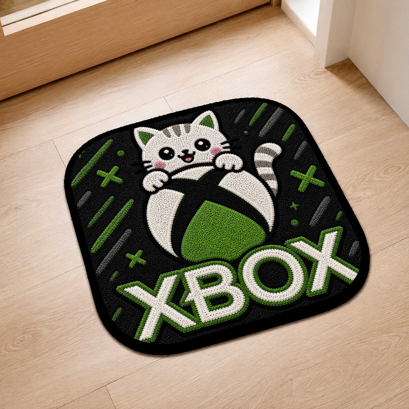 Cute Xbox Cat Flat Rug | Kawaii Gaming Flat Rug | Xbox Controller Inspired Floor Mat for Bedroom, Gaming Room & Gamer Decor