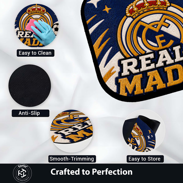 Real Madrid Crest Flat Rug | Football Club Flat Rug | Soccer Fan Floor Mat for Bedroom, Gaming Room & Sports Decor