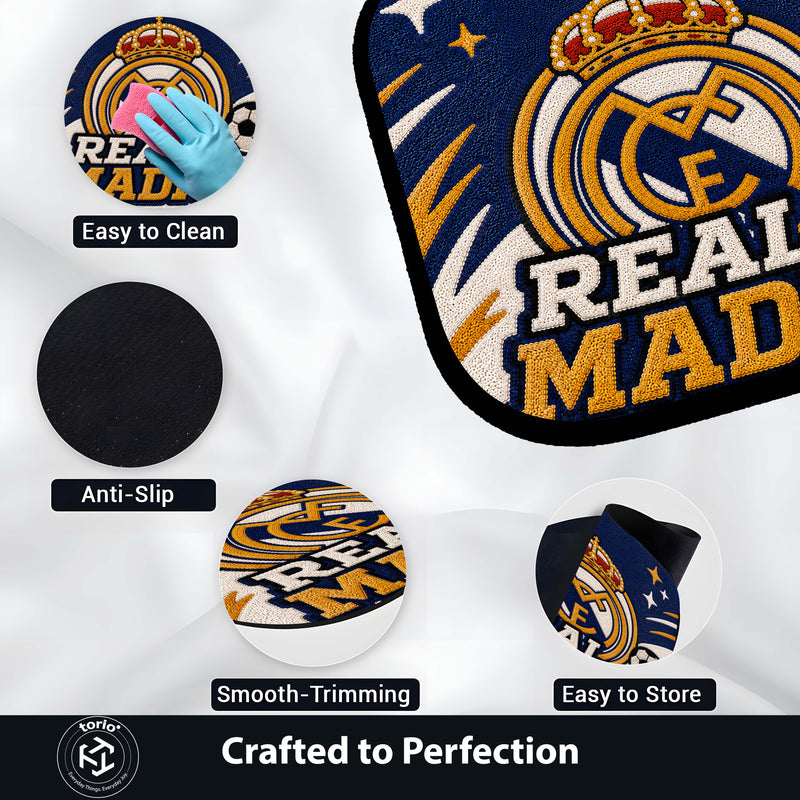 Real Madrid Crest Flat Rug | Football Club Flat Rug | Soccer Fan Floor Mat for Bedroom, Gaming Room & Sports Decor