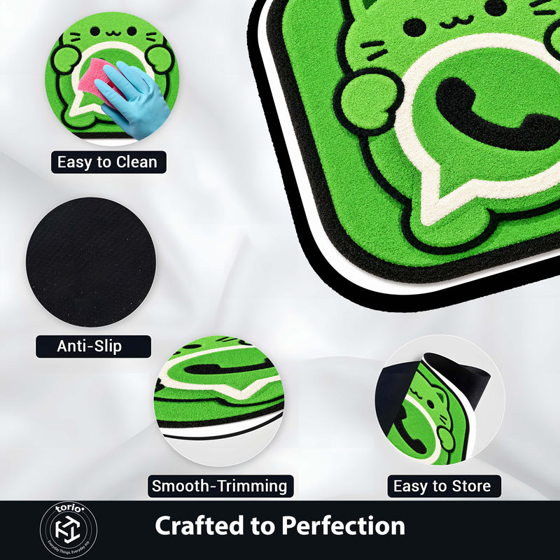 Cute WhatsApp Cat Logo Flat Rug | Kawaii Chat App Flat Rug | Green Kitty Floor Mat for Bedroom, Gaming Room & Cute Room Decor
