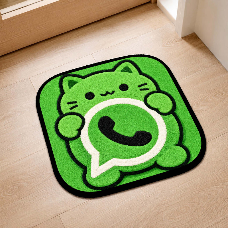 Cute WhatsApp Cat Logo Flat Rug | Kawaii Chat App Flat Rug | Green Kitty Floor Mat for Bedroom, Gaming Room & Cute Room Decor