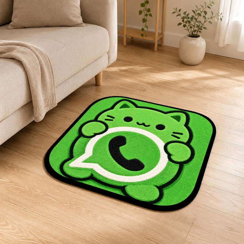 Cute WhatsApp Cat Logo Flat Rug | Kawaii Chat App Flat Rug | Green Kitty Floor Mat for Bedroom, Gaming Room & Cute Room Decor