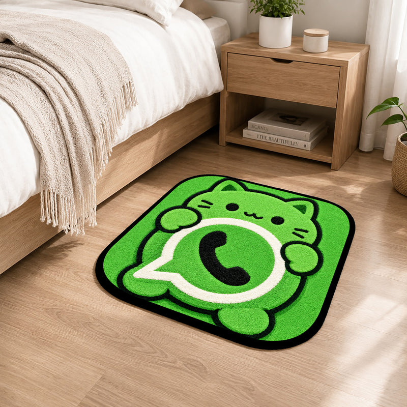 Cute WhatsApp Cat Logo Flat Rug | Kawaii Chat App Flat Rug | Green Kitty Floor Mat for Bedroom, Gaming Room & Cute Room Decor