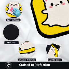 Cute Snapchat Ghost Cat Flat Rug | Kawaii Social Media Flat Rug | Yellow Kitty Floor Mat for Bedroom, Gaming Room & Cute Room Decor