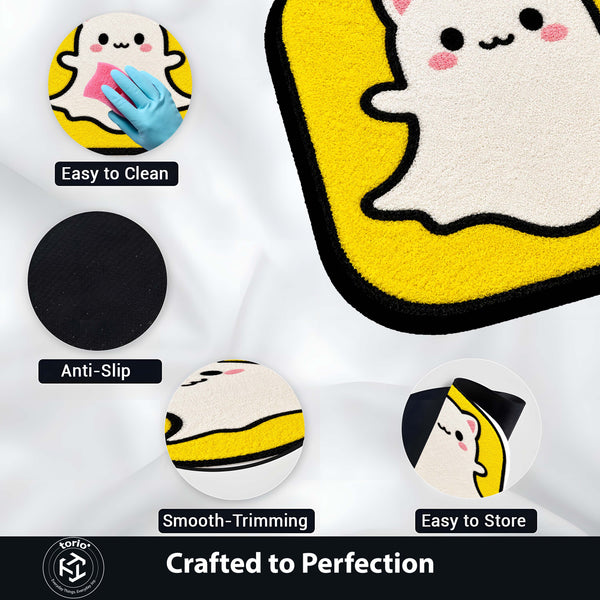 Cute Snapchat Ghost Cat Flat Rug | Kawaii Social Media Flat Rug | Yellow Kitty Floor Mat for Bedroom, Gaming Room & Cute Room Decor