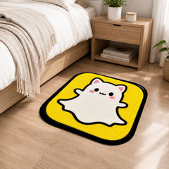 Cute Snapchat Ghost Cat Flat Rug | Kawaii Social Media Flat Rug | Yellow Kitty Floor Mat for Bedroom, Gaming Room & Cute Room Decor