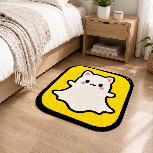 Cute Snapchat Ghost Cat Flat Rug | Kawaii Social Media Flat Rug | Yellow Kitty Floor Mat for Bedroom, Gaming Room & Cute Room Decor