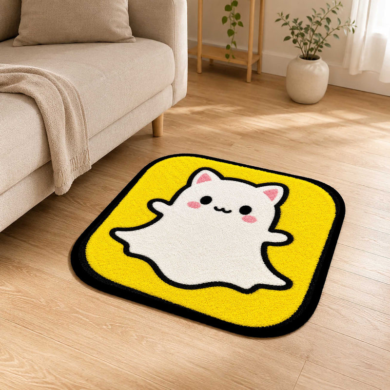 Cute Snapchat Ghost Cat Flat Rug | Kawaii Social Media Flat Rug | Yellow Kitty Floor Mat for Bedroom, Gaming Room & Cute Room Decor