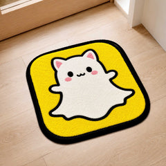 Cute Snapchat Ghost Cat Flat Rug | Kawaii Social Media Flat Rug | Yellow Kitty Floor Mat for Bedroom, Gaming Room & Cute Room Decor
