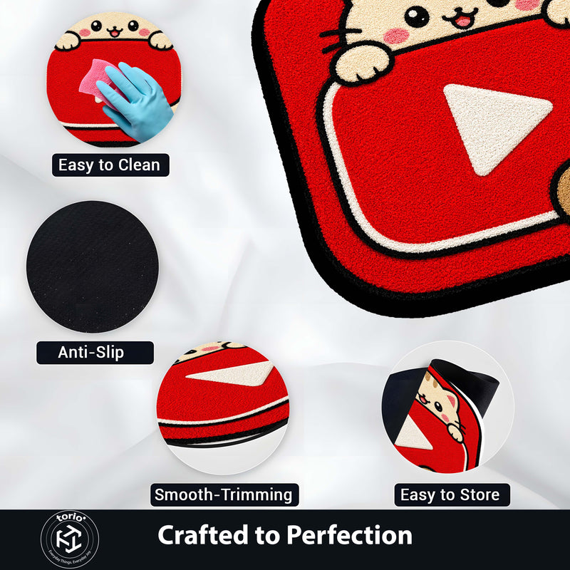 Cute YouTube Cat Logo Flat Rug | Kawaii Video Platform Flat Rug | Red Kitty Floor Mat for Bedroom, Gaming Room & Cute Room Decor