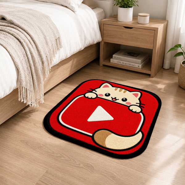 Cute YouTube Cat Logo Flat Rug | Kawaii Video Platform Flat Rug | Red Kitty Floor Mat for Bedroom, Gaming Room & Cute Room Decor