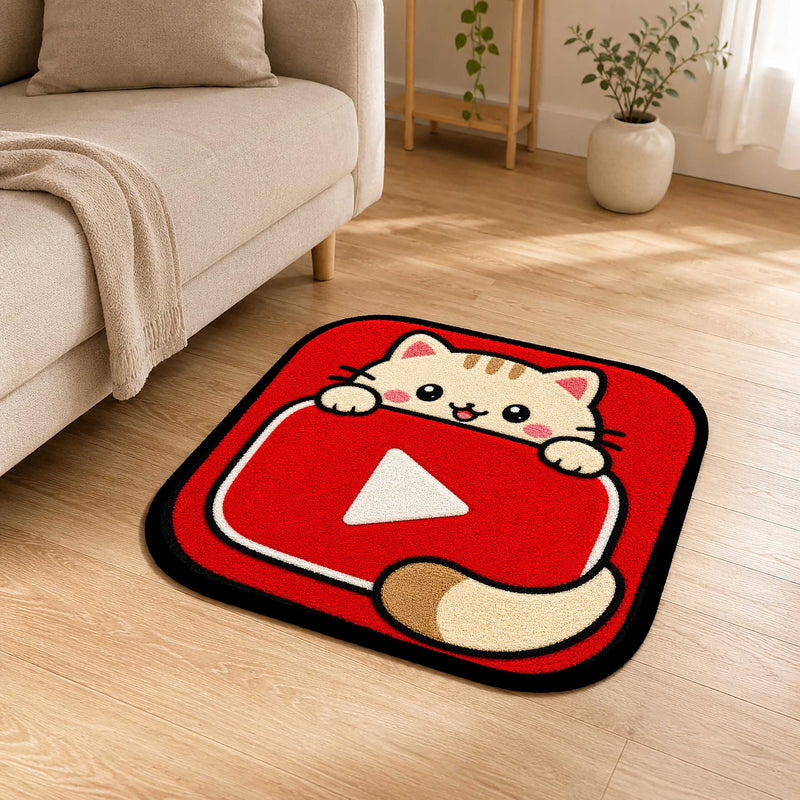 Cute YouTube Cat Logo Flat Rug | Kawaii Video Platform Flat Rug | Red Kitty Floor Mat for Bedroom, Gaming Room & Cute Room Decor