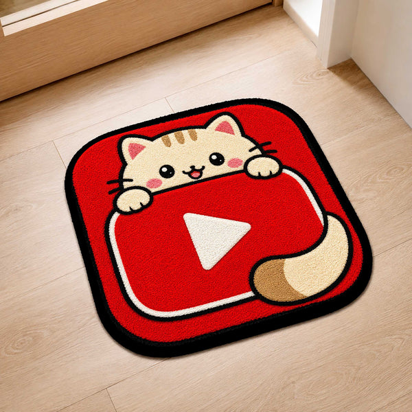 Cute YouTube Cat Logo Flat Rug | Kawaii Video Platform Flat Rug | Red Kitty Floor Mat for Bedroom, Gaming Room & Cute Room Decor