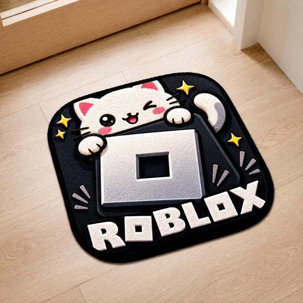 Cute Roblox Cat Logo Flat Rug | Kawaii Gaming Flat Rug | Roblox Inspired Kitty Floor Mat for Bedroom, Gaming Room & Gamer Room Decor