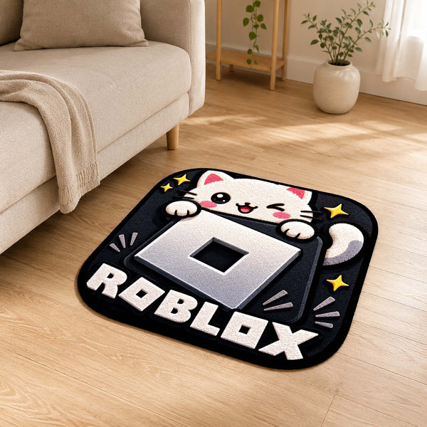 Cute Roblox Cat Logo Flat Rug | Kawaii Gaming Flat Rug | Roblox Inspired Kitty Floor Mat for Bedroom, Gaming Room & Gamer Room Decor