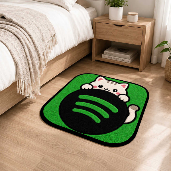 Cute Spotify Cat Logo Flat Rug | Kawaii Music Flat Rug | Spotify Inspired Kitty Floor Mat for Bedroom, Gaming Room & Music Lover Decor