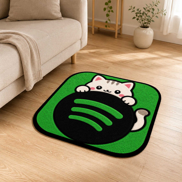 Cute Spotify Cat Logo Flat Rug | Kawaii Music Flat Rug | Spotify Inspired Kitty Floor Mat for Bedroom, Gaming Room & Music Lover Decor
