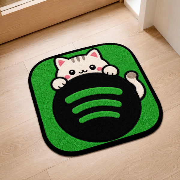Cute Spotify Cat Logo Flat Rug | Kawaii Music Flat Rug | Spotify Inspired Kitty Floor Mat for Bedroom, Gaming Room & Music Lover Decor
