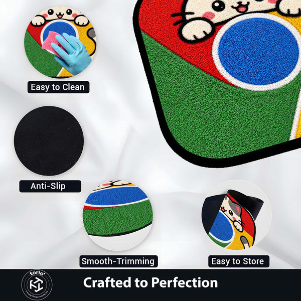 Cute Google Chrome Cat Logo Flat Rug | Kawaii Browser Flat Rug | Chrome Inspired Kitty Floor Mat for Bedroom, Gaming Room & Workspace Decor