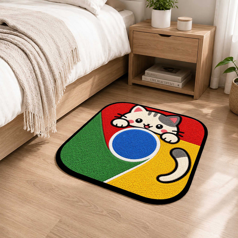 Cute Google Chrome Cat Logo Flat Rug | Kawaii Browser Flat Rug | Chrome Inspired Kitty Floor Mat for Bedroom, Gaming Room & Workspace Decor