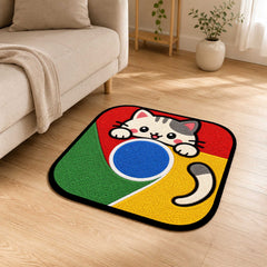Cute Google Chrome Cat Logo Flat Rug | Kawaii Browser Flat Rug | Chrome Inspired Kitty Floor Mat for Bedroom, Gaming Room & Workspace Decor