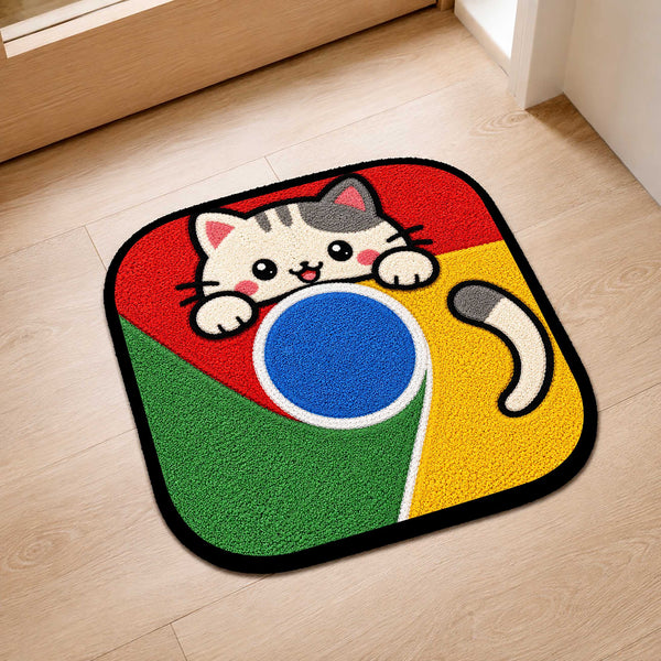 Cute Google Chrome Cat Logo Flat Rug | Kawaii Browser Flat Rug | Chrome Inspired Kitty Floor Mat for Bedroom, Gaming Room & Workspace Decor