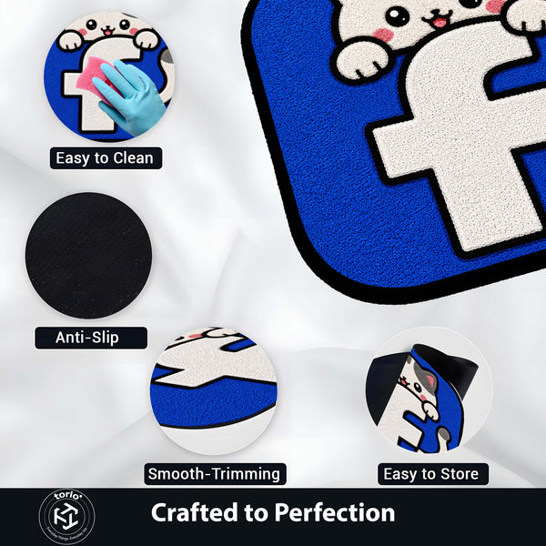 Cute Facebook Cat Logo Flat Rug | Kawaii Social Media Flat Rug | Facebook Inspired Kitty Floor Mat for Bedroom, Gaming Room & Workspace Decor