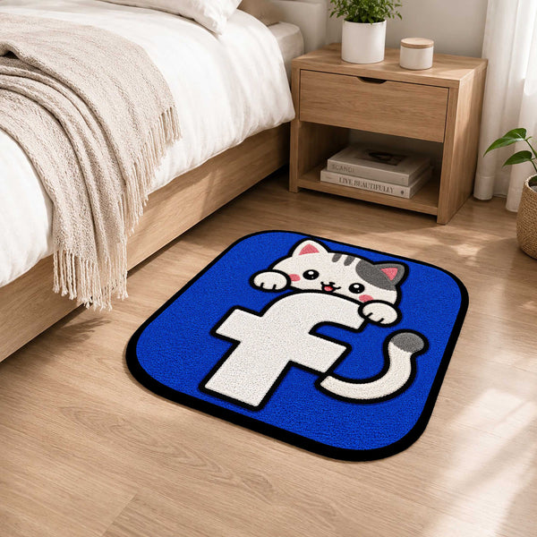 Cute Facebook Cat Logo Flat Rug | Kawaii Social Media Flat Rug | Facebook Inspired Kitty Floor Mat for Bedroom, Gaming Room & Workspace Decor