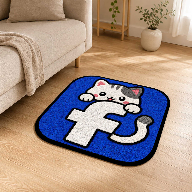 Cute Facebook Cat Logo Flat Rug | Kawaii Social Media Flat Rug | Facebook Inspired Kitty Floor Mat for Bedroom, Gaming Room & Workspace Decor