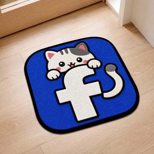 Cute Facebook Cat Logo Flat Rug | Kawaii Social Media Flat Rug | Facebook Inspired Kitty Floor Mat for Bedroom, Gaming Room & Workspace Decor