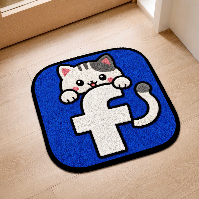 Cute Facebook Cat Logo Flat Rug | Kawaii Social Media Flat Rug | Facebook Inspired Kitty Floor Mat for Bedroom, Gaming Room & Workspace Decor