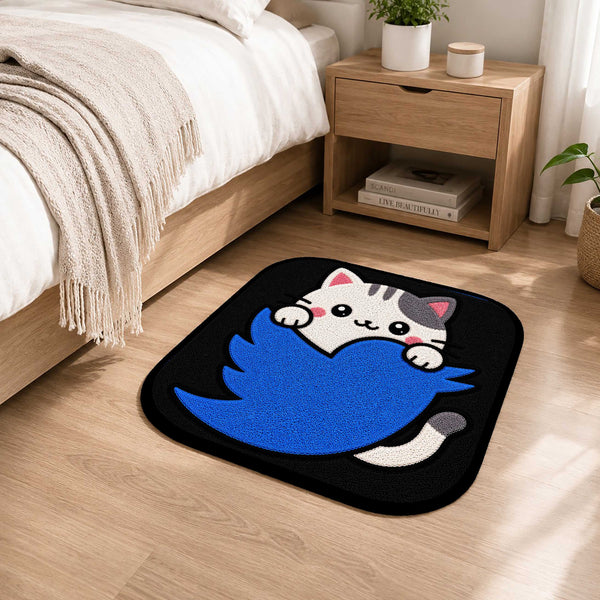 Cute Twitter Cat Logo Flat Rug | Kawaii Social Media Flat Rug | Twitter Inspired Kitty Floor Mat for Bedroom, Gaming Room & Workspace Decor