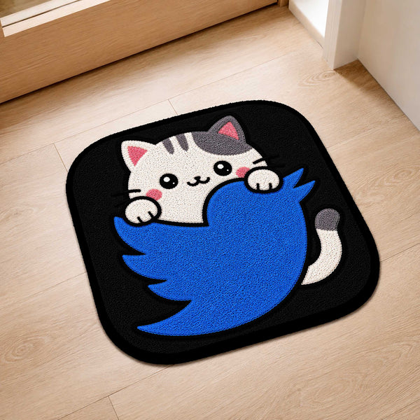 Cute Twitter Cat Logo Flat Rug | Kawaii Social Media Flat Rug | Twitter Inspired Kitty Floor Mat for Bedroom, Gaming Room & Workspace Decor