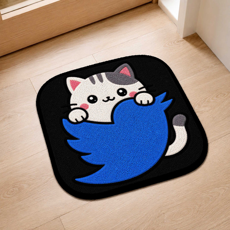 Cute Twitter Cat Logo Flat Rug | Kawaii Social Media Flat Rug | Twitter Inspired Kitty Floor Mat for Bedroom, Gaming Room & Workspace Decor