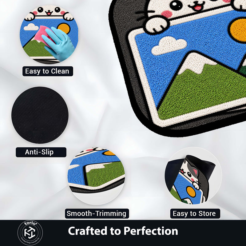 Cute Gallery Cat Flat Rug | Kawaii Photo Gallery Flat Rug | Image Gallery Inspired Kitty Floor Mat for Bedroom, Gaming Room & Creative Workspace Decor