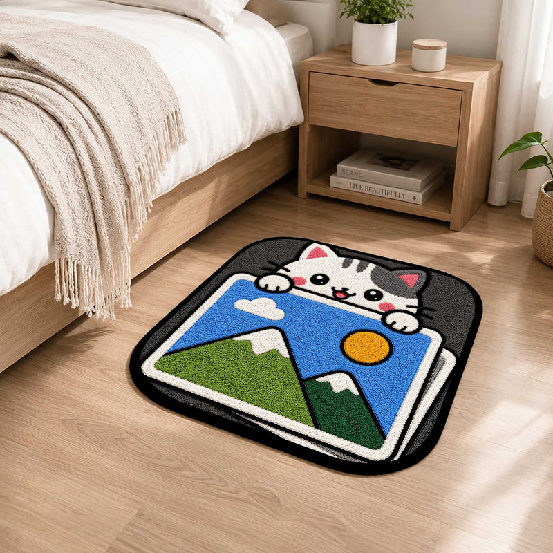 Cute Gallery Cat Flat Rug | Kawaii Photo Gallery Flat Rug | Image Gallery Inspired Kitty Floor Mat for Bedroom, Gaming Room & Creative Workspace Decor