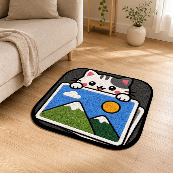Cute Gallery Cat Flat Rug | Kawaii Photo Gallery Flat Rug | Image Gallery Inspired Kitty Floor Mat for Bedroom, Gaming Room & Creative Workspace Decor