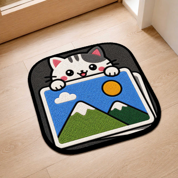 Cute Gallery Cat Flat Rug | Kawaii Photo Gallery Flat Rug | Image Gallery Inspired Kitty Floor Mat for Bedroom, Gaming Room & Creative Workspace Decor