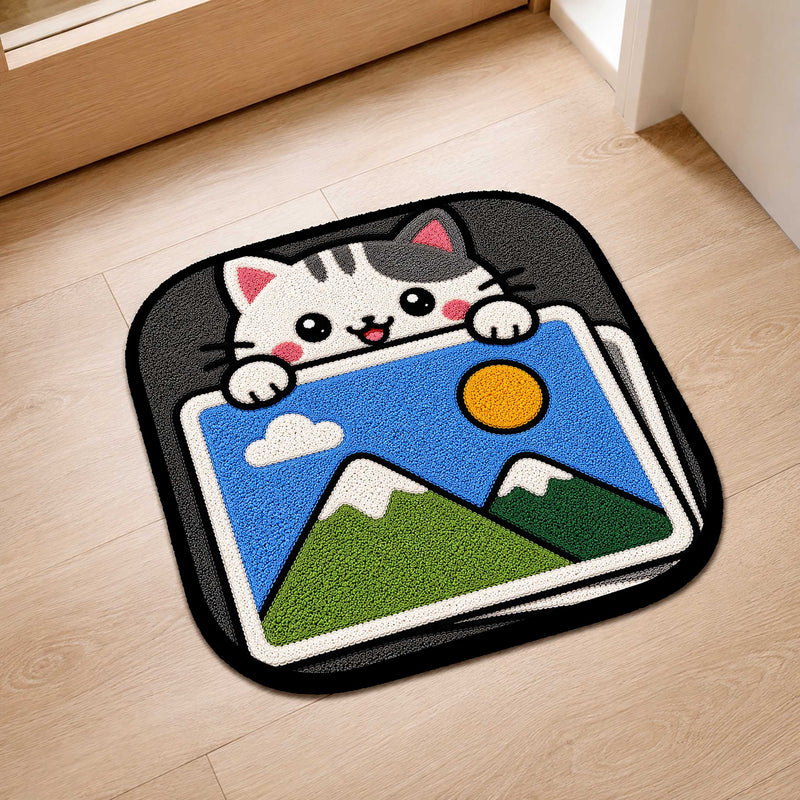 Cute Gallery Cat Flat Rug | Kawaii Photo Gallery Flat Rug | Image Gallery Inspired Kitty Floor Mat for Bedroom, Gaming Room & Creative Workspace Decor