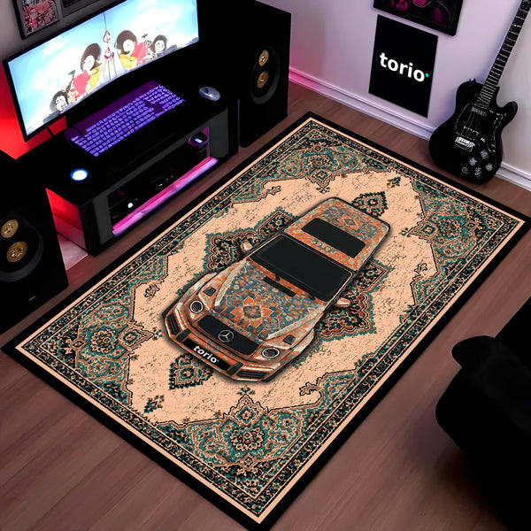 Mercedes-Benz Persian Heritage Area Rug | Luxury Sports Car Floor Mat | Vintage Teal & Beige Automotive Rug for Bedroom, Gaming Room, Garage & Car Enthusiast Decor