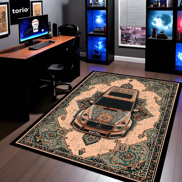 Mercedes-Benz Persian Heritage Area Rug | Luxury Sports Car Floor Mat | Vintage Teal & Beige Automotive Rug for Bedroom, Gaming Room, Garage & Car Enthusiast Decor