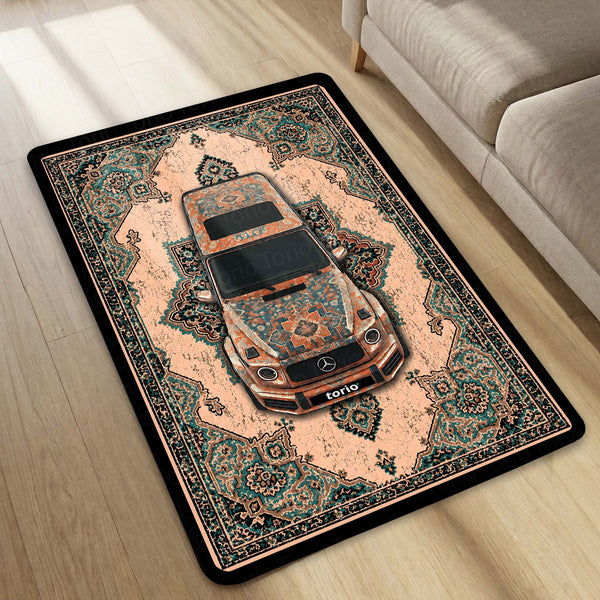 Mercedes-Benz Persian Heritage Area Rug | Luxury Sports Car Floor Mat | Vintage Teal & Beige Automotive Rug for Bedroom, Gaming Room, Garage & Car Enthusiast Decor