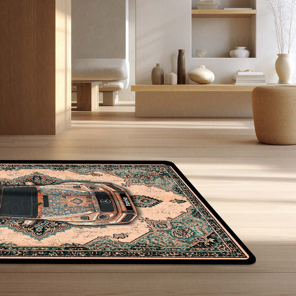 Mercedes-Benz Persian Heritage Area Rug | Luxury Sports Car Floor Mat | Vintage Teal & Beige Automotive Rug for Bedroom, Gaming Room, Garage & Car Enthusiast Decor