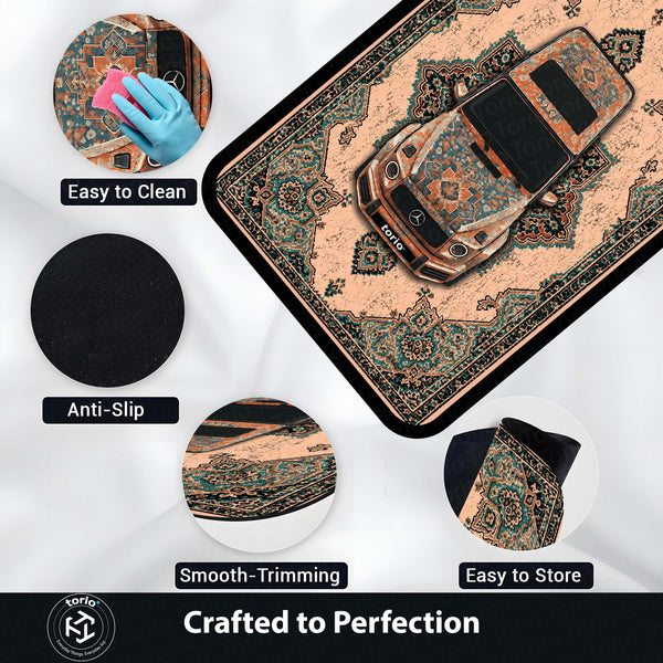 Mercedes-Benz Persian Heritage Area Rug | Luxury Sports Car Floor Mat | Vintage Teal & Beige Automotive Rug for Bedroom, Gaming Room, Garage & Car Enthusiast Decor