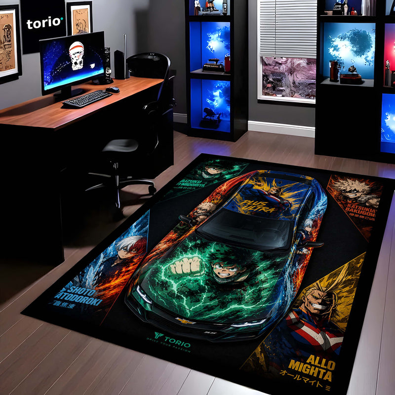 My Hero Academia Chevrolet Camaro Anime Area Rug | Deku Midoriya Hero Floor Mat | MHA Gaming Rug for Bedroom, Gaming Room, Anime Setup & Otaku Decor