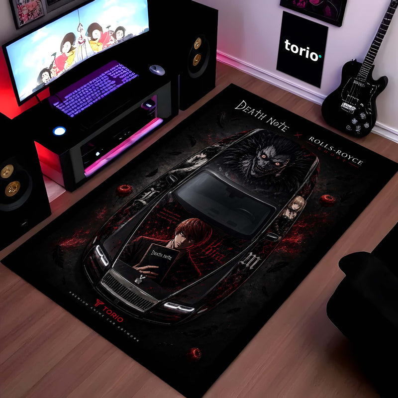 Death Note Rolls-Royce Ghost Anime Area Rug | Light Yagami & Ryuk Floor Mat | Dark Anime Gaming Rug for Bedroom, Gaming Room, Otaku Setup & Gothic Decor