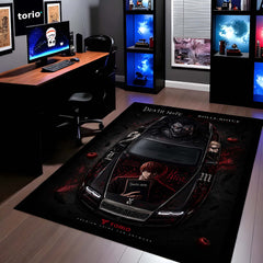 Death Note Rolls-Royce Ghost Anime Area Rug | Light Yagami & Ryuk Floor Mat | Dark Anime Gaming Rug for Bedroom, Gaming Room, Otaku Setup & Gothic Decor